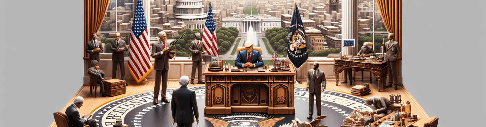 oval office shot of men working around the president